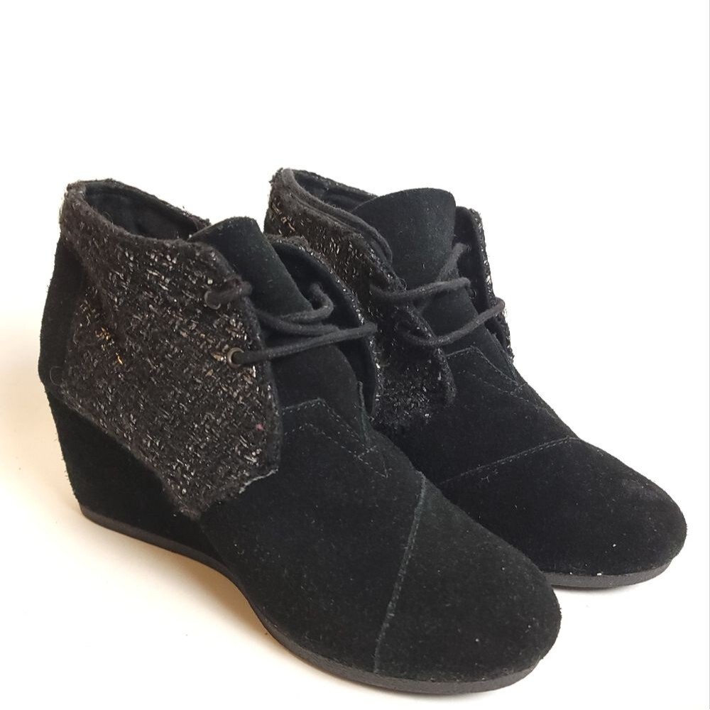 Toms tweed wedge lace up suede bootie boots shoes silver woven black Size 8.5